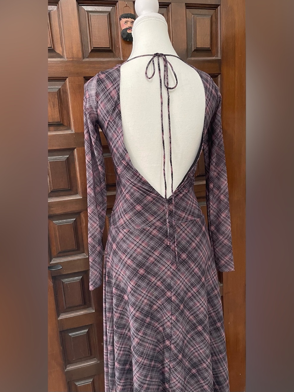 Zara Purple Plaid Sheer Long-Sleeve Asymmetrical Midi Dress Open Back NWT Size S